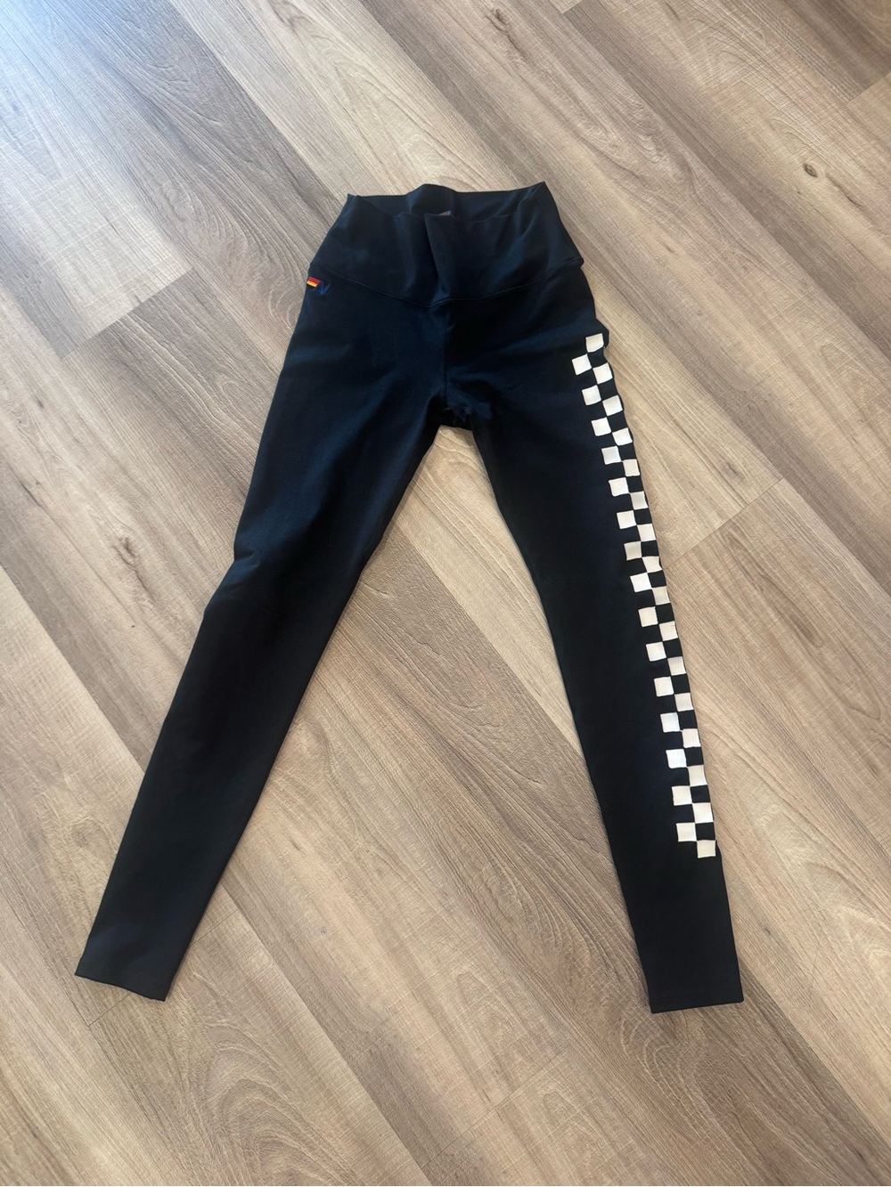 Aviator Nation Black Leggings with White Checker Side Panel